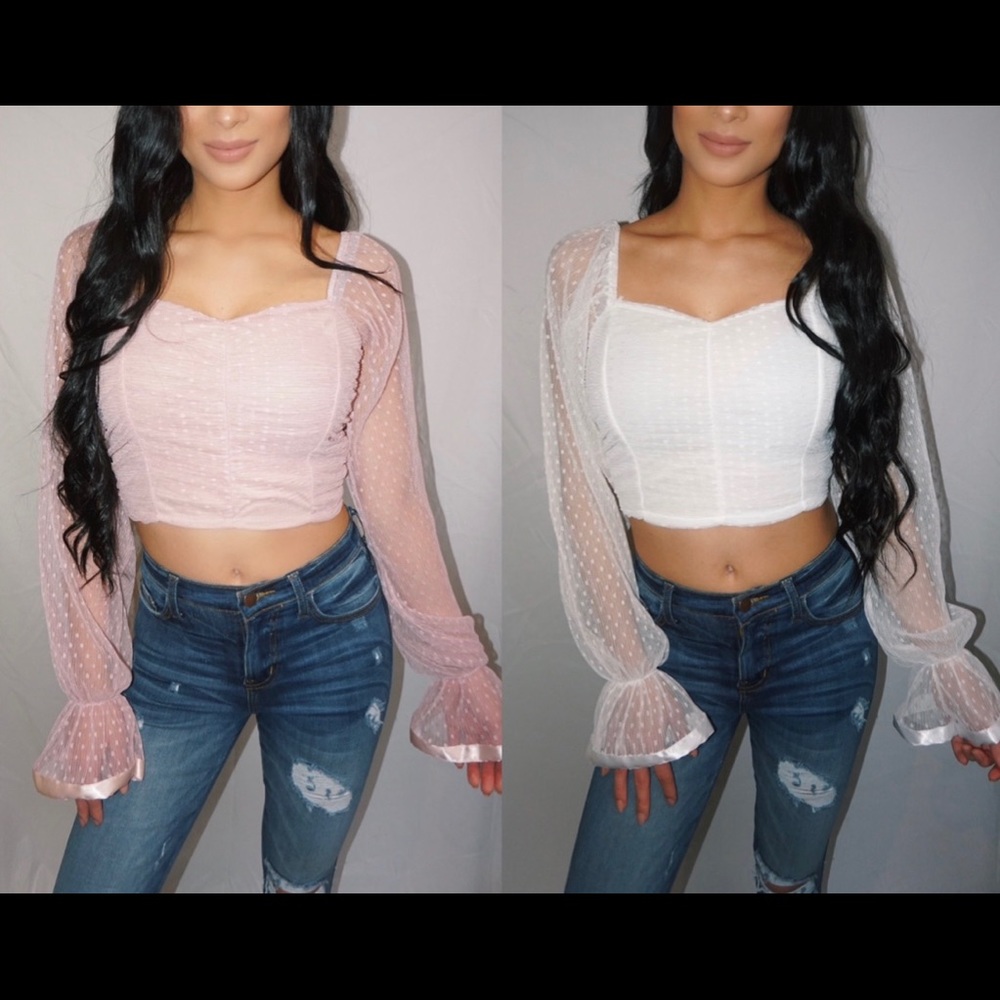 White and pink blush polka dot crop top